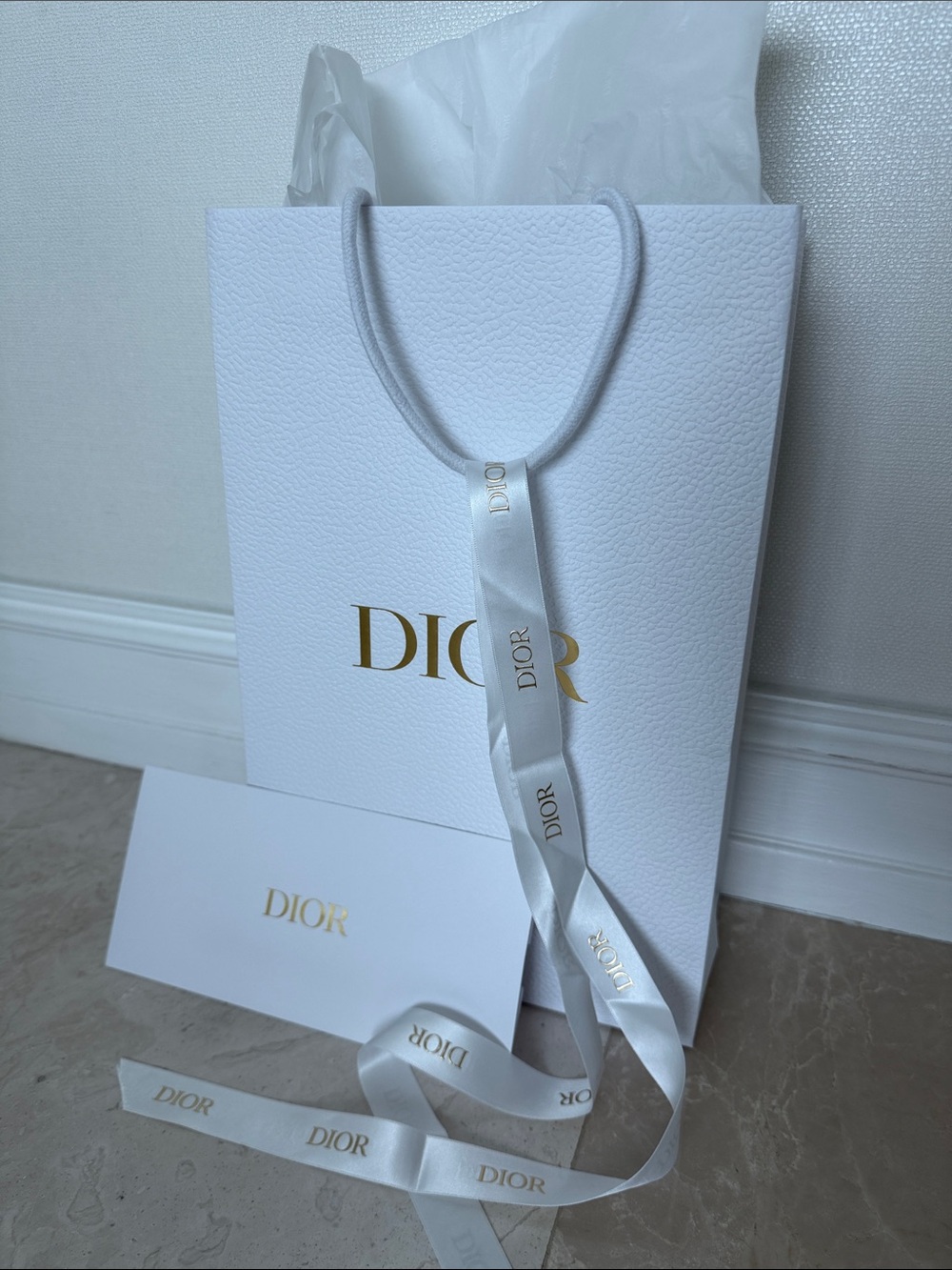 Dior White Textured  Gift bag, envelope , ribbon with Gold Logo, New